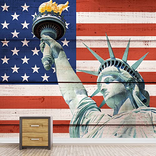 wall26 Removable Wall Sticker/Wall Mural Wood Panel Style American Flag Statue of Liberty International Global Digital Art United States Veteran for Living Room, Bedroom, Office - 66x96 inches