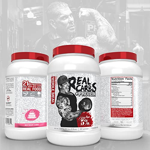 5% Nutrition Rich Piana Real Carbs + Protein | Clean Mass Gainer Protein Powder | Real Food Carbohydrate Fuel for Pre Workout/Post-Workout Recovery Meal | 3.3 lb, 22 Srvgs (Birthday Cake + Protein)