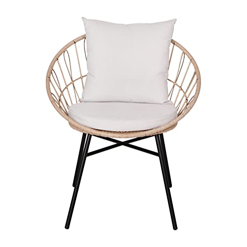 Flash Furniture Devon Indoor/Outdoor Bistro Set - Tan Finish Rattan Rope Papasan Style Chairs and Glass Top Side Table - Light Gray Back and Seat Cushions, 15.75x15.75x25, 3-Piece