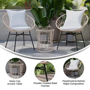 Flash Furniture Devon Indoor/Outdoor Bistro Set - Tan Finish Rattan Rope Papasan Style Chairs and Glass Top Side Table - Light Gray Back and Seat Cushions, 15.75x15.75x25, 3-Piece