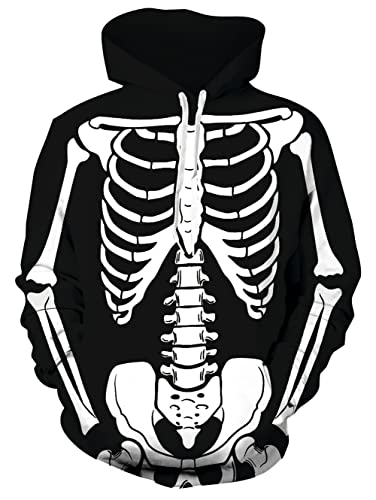 Belovecol Skeleton Halloween Hoodie for Men White Bone Print Pullover Shirts Cool Graphic 3D Hooded Sweatshirts with Drawstring M