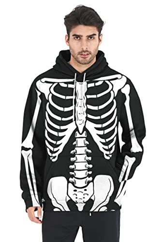 Belovecol Skeleton Halloween Hoodie for Men White Bone Print Pullover Shirts Cool Graphic 3D Hooded Sweatshirts with Drawstring M