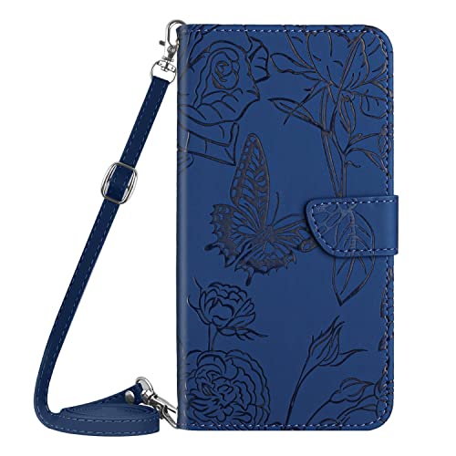 ONV Samsung Galaxy Note 10 Plus Flip Case - 1.5m Crossbody Lanyard Flip Wallet Case Magnetic Card Slot Foldable Embossed Butterfly Leather Case for Samsung Galaxy Note 10 Plus [Flower] - Blue