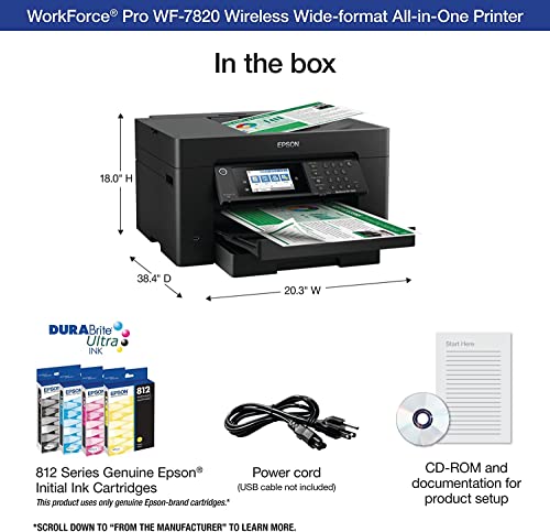 Epson Workforce Pro WF-7820 Wide-Format Wireless All-in-One Color Inkjet Printer, Black - Print Scan Copy Fax - 4.3" Touchscreen, 25 ppm, 4800 x 2400 dpi, Auto Duplex, 13"x19", 50-Sheet ADF, DAODYANG
