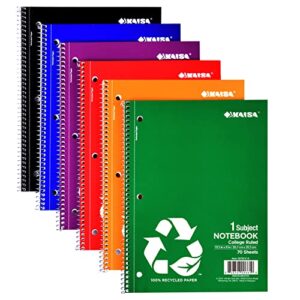 kaisa 1 subject notebook spiral notebooks, college ruled 70 sheet 10.5x8 recycled paper notebooks for school students office, 6pads,s07001c-r
