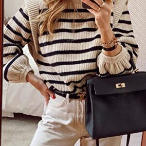 PRETTYGARDEN Women's Sweaters Casual Long Lantern Sleeve Crewneck Ribbed Knit Pullover Striped Jumper Tops Blouse (Beige Apricot,X-Large)