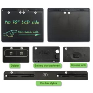 Large LCD Writing Board 16 Inches with 2 Delete Keys and Split Screen for Local Erasing, Electronic Drawing and Doodle Tablet for Adult and Kid with 2 Pens, Nice Holiday or Birthday Present (Black)