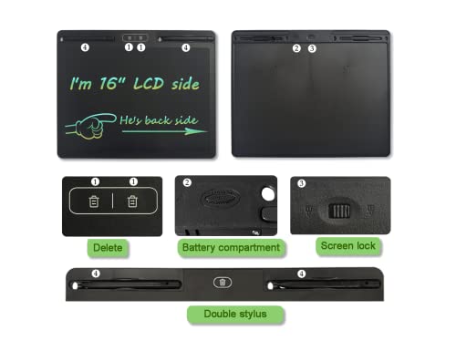 Large LCD Writing Board 16 Inches with 2 Delete Keys and Split Screen for Local Erasing, Electronic Drawing and Doodle Tablet for Adult and Kid with 2 Pens, Nice Holiday or Birthday Present (Black)