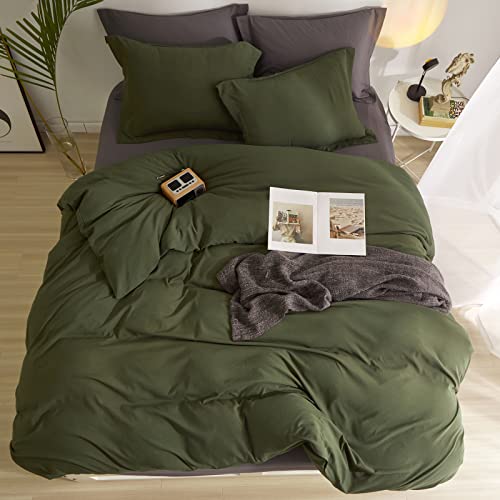 ROOMLIFE Cozy Pre-Washed Olive Green Duvet Covers Queen Size - Soft Washed Bed Set Boho Army Green Beding for All Season, 1 Comfy Comforter Cover with Zipper Closure and 2 Pillow Shams