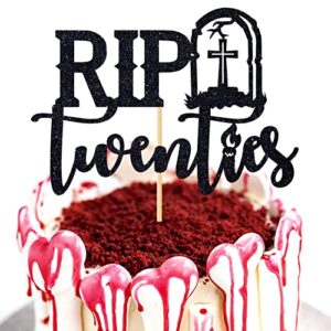 black glitter rip twenties cake topper, death to my twenties/rip to my twenties cake decorations, old english themed 30th birthday party decorations