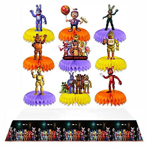 Birthday Party Supplies for Five Nights at Freddys, 9 Pcs Table Decoration 2-Side 3D Honeycomb Centerpiece and Tablecloth for Fnaf Birthday Party