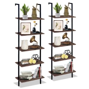 wolawu 5 tiers ladder shelf 2-piece black modern tall bookshelf open large tall wall mount storage bookcase standing leaning wall shelves industrial decorative