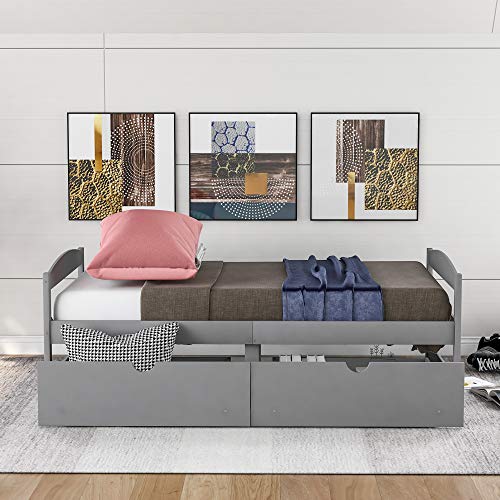 Merax Classic Solid Wood Day Bed with Storage Drawers Platform Bed for Living Room Beedroom Twin Grey