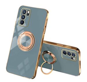wousunly compatible with oppo reno 6 5g case ring holder magnet green, oppo reno 6 5g phone case silicone shockproof plate luxury slim cover (grey)