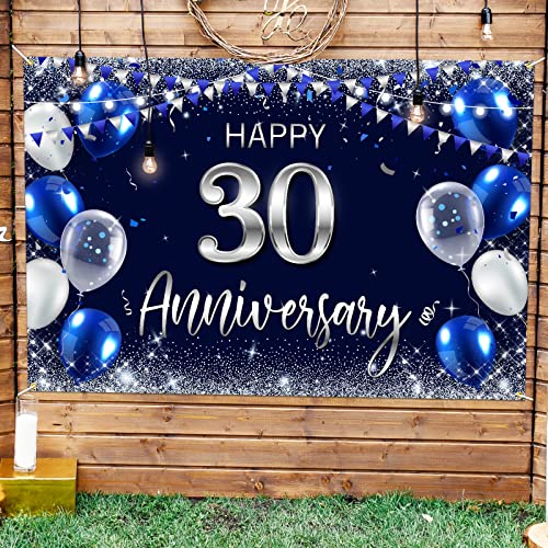 Happy 30th Anniversary Backdrop Banner Decor Navy Blue – Silver Glitter Happy 30 Years Wedding Anniversary Party Theme Decorations for Women Men Supplies