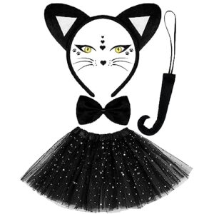newcotte 5 pcs black cat costume set cat ears tail bowtie sequined tutu and cat face sticker for kids halloween dress up (black)