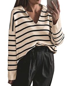 cflonge women's fall winter casual breton striped long sleeve polo v neck pullover sweater loose fit drop shoulder knitted shirts tops(small,apricot)