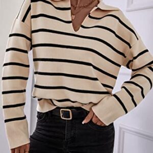 CFLONGE Women's Fall Winter Casual Breton Striped Long Sleeve Polo V Neck Pullover Sweater Loose Fit Drop Shoulder Knitted Shirts Tops(Small,Apricot)