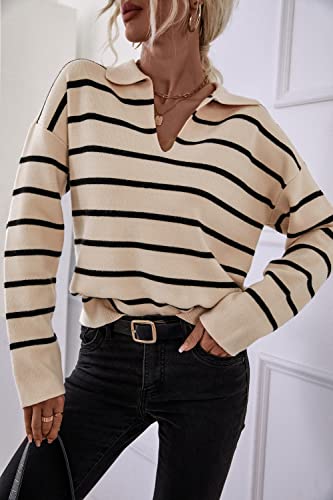 CFLONGE Women's Fall Winter Casual Breton Striped Long Sleeve Polo V Neck Pullover Sweater Loose Fit Drop Shoulder Knitted Shirts Tops(Small,Apricot)