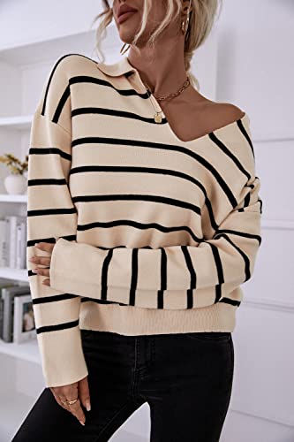 CFLONGE Women's Fall Winter Casual Breton Striped Long Sleeve Polo V Neck Pullover Sweater Loose Fit Drop Shoulder Knitted Shirts Tops(Small,Apricot)