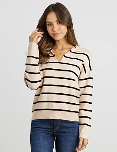 CFLONGE Women's Fall Winter Casual Breton Striped Long Sleeve Polo V Neck Pullover Sweater Loose Fit Drop Shoulder Knitted Shirts Tops(Small,Apricot)