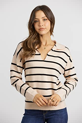 CFLONGE Women's Fall Winter Casual Breton Striped Long Sleeve Polo V Neck Pullover Sweater Loose Fit Drop Shoulder Knitted Shirts Tops(Small,Apricot)