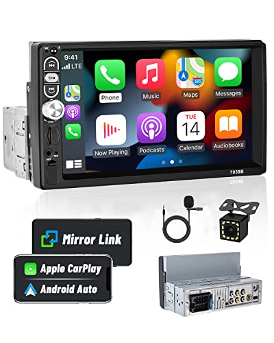 Hikity Single Din Car Stereo 7 Inch Touchscreen with Apple Carplay Android Auto Bluetooth 5.1, Car Audio Receiver with Mirror Link FM Radio SWC USB AUX TF Card and 12LED Backup Camera