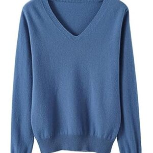 Cashmere Sweaters for Women,Essential V Neck Long Sleeve Pullover Sweater Classic-Fit Lightweight Knit Top for Fall Winter(XL,Blue)