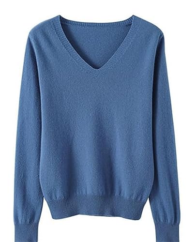 Cashmere Sweaters for Women,Essential V Neck Long Sleeve Pullover Sweater Classic-Fit Lightweight Knit Top for Fall Winter(XL,Blue)