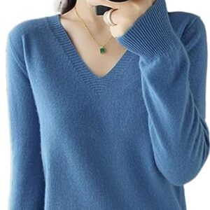 Cashmere Sweaters for Women,Essential V Neck Long Sleeve Pullover Sweater Classic-Fit Lightweight Knit Top for Fall Winter(XL,Blue)