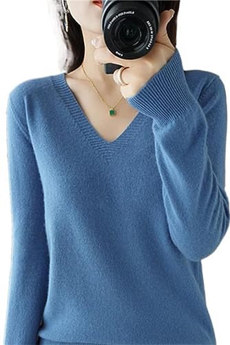 Cashmere Sweaters for Women,Essential V Neck Long Sleeve Pullover Sweater Classic-Fit Lightweight Knit Top for Fall Winter(XL,Blue)