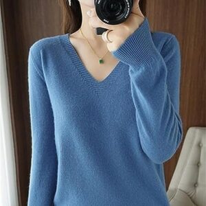 Cashmere Sweaters for Women,Essential V Neck Long Sleeve Pullover Sweater Classic-Fit Lightweight Knit Top for Fall Winter(XL,Blue)