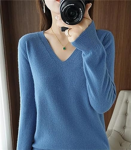 Cashmere Sweaters for Women,Essential V Neck Long Sleeve Pullover Sweater Classic-Fit Lightweight Knit Top for Fall Winter(XL,Blue)