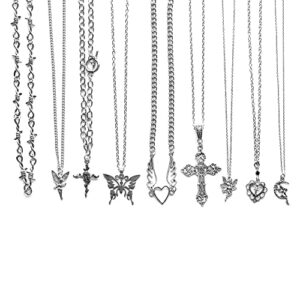 LIRUNQIN 9pcs Y2k Necklaces Fairy Grunge Goth Necklaces Gothic Coquette Aesthetic Emo Alt Chain Choker Heart Cross Fairycore Necklace Alternative Jewelry Set for Women Teen Girls Egirls