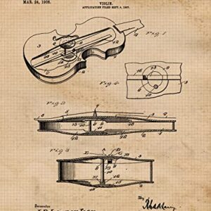 Vintage Violin Patent Prints, 4 (8x10) Unframed Photos, Wall Art Decor Gifts Under 20 for Home Office Man Cave Student Teacher School Band Classical String Instrument Violinist