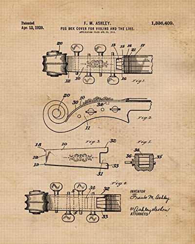 Vintage Violin Patent Prints, 4 (8x10) Unframed Photos, Wall Art Decor Gifts Under 20 for Home Office Man Cave Student Teacher School Band Classical String Instrument Violinist