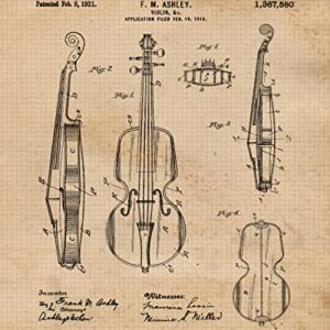 Vintage Violin Patent Prints, 4 (8x10) Unframed Photos, Wall Art Decor Gifts Under 20 for Home Office Man Cave Student Teacher School Band Classical String Instrument Violinist