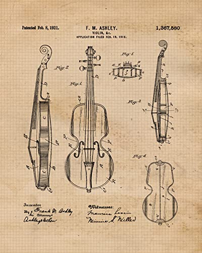 Vintage Violin Patent Prints, 4 (8x10) Unframed Photos, Wall Art Decor Gifts Under 20 for Home Office Man Cave Student Teacher School Band Classical String Instrument Violinist