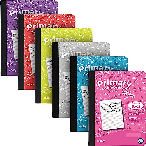 Enday Primary Composition Notebook K-2, Primary Ruled Composition Book, Primary Composition Notebook for Kids, 100 Sheets kindergarten Notebook, Pink, Purple, Green, Blue, Red, Grey (6 Pack)