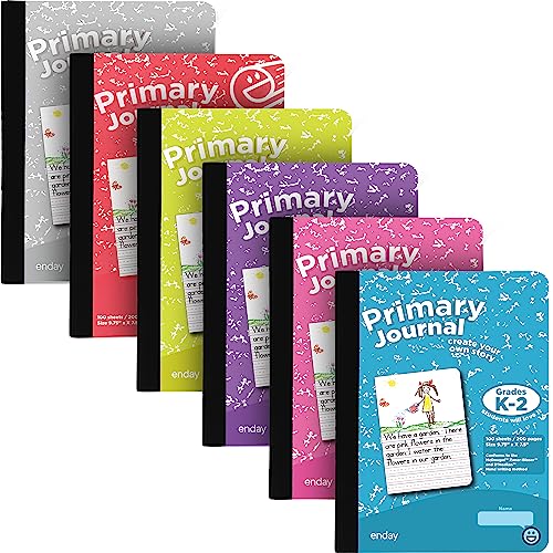 Enday Primary Journal Grades K-2, Primary Writing Journal, Half Page Ruled Primary Journal Composition Notebook for Kids, 100 Sheets kids Notebook, in Pink, Green, Red (6 Pack)