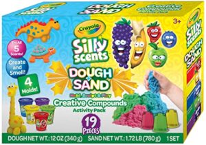 crayola silly scents, modeling compound activity pack | includes 6 scented dough tubs, 6 scented colored play sand packs, and 7 kids tools | great birthday gift or summer fun for toddlers.