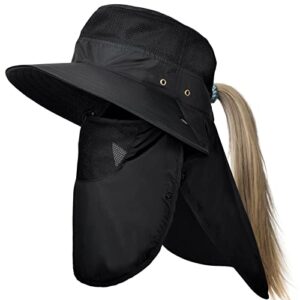 audoyon fishing hat - sun hat for women & men - uv protection ponytails hat, wide-brimmed hats with face & neck flap (black)