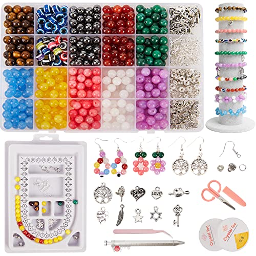 PAVA 550pcs Crystal Beads Kit for Bracelet Jewelry Making, 8mm Loose Gemstone Crystal 7 Chakras Healing Natural Stone Beads with Accessories, DIY Beading Necklace Suitable for Beginners