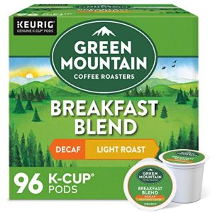 green mountain coffee, breakfast blend decaf, single-serve keurig k-cup pods, light roast, 96 count (4 boxes of 24 pods)