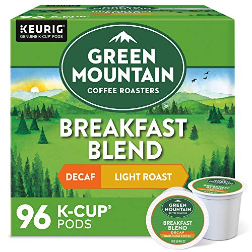 Green Mountain Coffee, Breakfast Blend Decaf, Single-Serve Keurig K-Cup Pods, Light Roast, 96 Count (4 Boxes of 24 Pods)