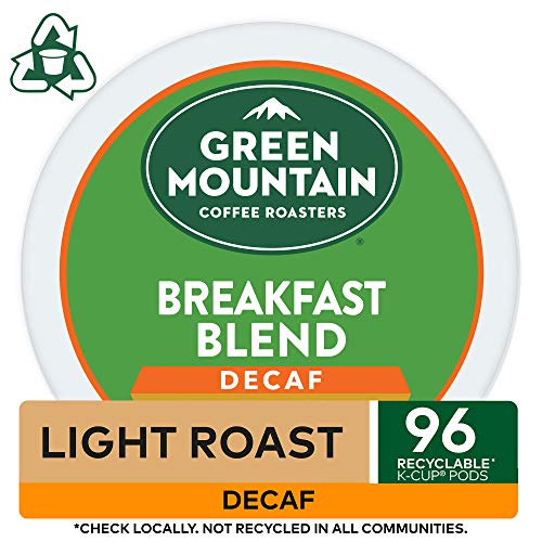 Green Mountain Coffee, Breakfast Blend Decaf, Single-Serve Keurig K-Cup Pods, Light Roast, 96 Count (4 Boxes of 24 Pods)