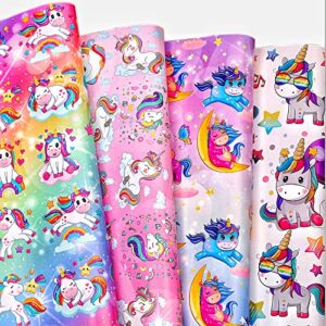 thmort unicorn wrapping paper for girls kids, barbie, women. birthday wrapping paper includes 4 princess pink designs of rainbow, star, diamond, happy lovely cute for holidays baby shower party, glitter shine 12 thick sheets folded flat 20 × 29 inches