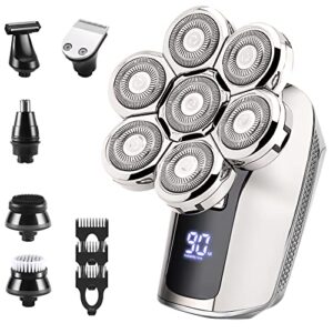 electric head shavers for bald men: 6 in 1 rechargeable beard nose hair trimmer with clipper guards mens shaving grooming kit cordless rotary face shavers waterproof men's bald head razor wet and dry