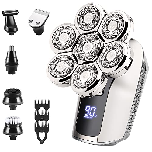 Electric Head Shavers for Bald Men: 6 in 1 Rechargeable Beard Nose Hair Trimmer with Clipper Guards Mens Shaving Grooming Kit Cordless Rotary Face Shavers Waterproof Men's Bald Head Razor Wet and Dry