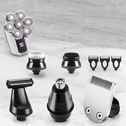 Electric Head Shavers for Bald Men: 6 in 1 Rechargeable Beard Nose Hair Trimmer with Clipper Guards Mens Shaving Grooming Kit Cordless Rotary Face Shavers Waterproof Men's Bald Head Razor Wet and Dry